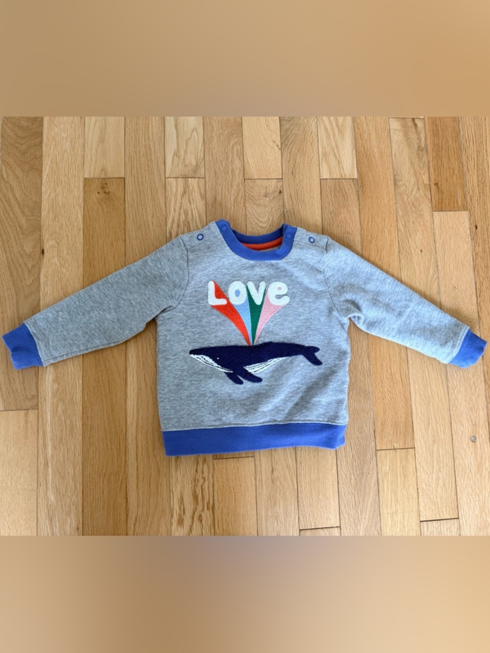 Baby Boden Grey Sweatshirt with Navy Whale and Colorful 'Love' Design
